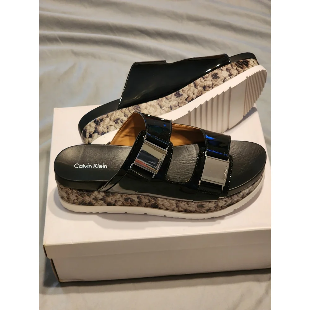Brand New Calvin Klein Casely Women's Platform Slides Nappa Leather Snak…
